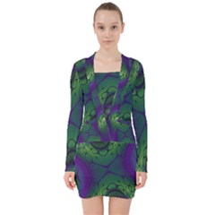 Fractal Abstract Art Pattern V-neck Bodycon Long Sleeve Dress by Ravend