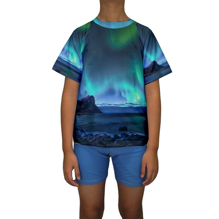 Green Aurora Lights-over Rocky Shore During Night Time Kids  Short Sleeve Swimwear