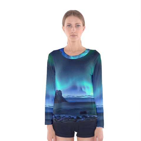 Green Aurora Lights-over Rocky Shore During Night Time Women s Long Sleeve Tee by danenraven