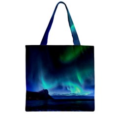 Green Aurora Lights-over Rocky Shore During Night Time Zipper Grocery Tote Bag by danenraven