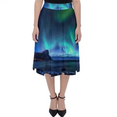 Green Aurora Lights-over Rocky Shore During Night Time Classic Midi Skirt by danenraven