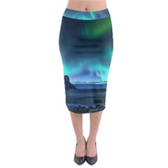 Green Aurora Lights-over Rocky Shore During Night Time Midi Pencil Skirt by danenraven