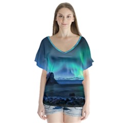 Green Aurora Lights-over Rocky Shore During Night Time V-neck Flutter Sleeve Top by danenraven