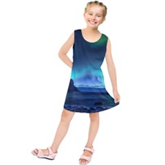 Green Aurora Lights-over Rocky Shore During Night Time Kids  Tunic Dress by danenraven