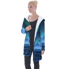 Green Aurora Lights-over Rocky Shore During Night Time Longline Hooded Cardigan by danenraven