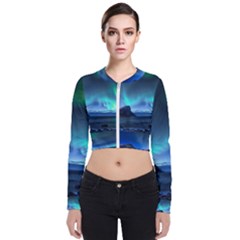 Green Aurora Lights-over Rocky Shore During Night Time Long Sleeve Zip Up Bomber Jacket by danenraven