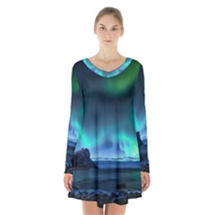 Green Aurora Lights-over Rocky Shore During Night Time Long Sleeve Velvet V-neck Dress