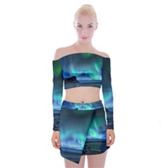 Green Aurora Lights-over Rocky Shore During Night Time Off Shoulder Top With Mini Skirt Set by danenraven