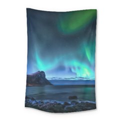 Green Aurora Lights-over Rocky Shore During Night Time Small Tapestry by danenraven