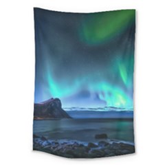 Green Aurora Lights-over Rocky Shore During Night Time Large Tapestry by danenraven