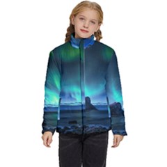 Green Aurora Lights-over Rocky Shore During Night Time Kids  Puffer Bubble Jacket Coat by danenraven