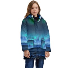 Green Aurora Lights-over Rocky Shore During Night Time Kid s Hooded Longline Puffer Jacket by danenraven