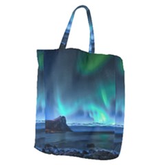 Green Aurora Lights-over Rocky Shore During Night Time Giant Grocery Tote by danenraven