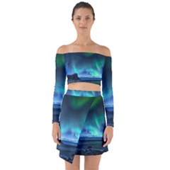 Green Aurora Lights-over Rocky Shore During Night Time Off Shoulder Top With Skirt Set by danenraven