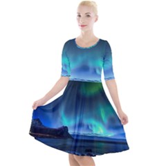 Green Aurora Lights-over Rocky Shore During Night Time Quarter Sleeve A-line Dress by danenraven