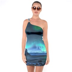 Green Aurora Lights-over Rocky Shore During Night Time One Soulder Bodycon Dress by danenraven