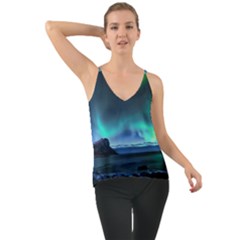 Green Aurora Lights-over Rocky Shore During Night Time Chiffon Cami by danenraven