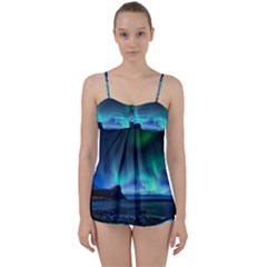 Green Aurora Lights-over Rocky Shore During Night Time Babydoll Tankini Set by danenraven