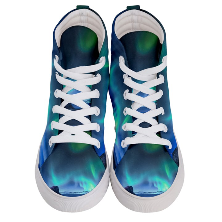 Green Aurora Lights-over Rocky Shore During Night Time Women s Hi-Top Skate Sneakers