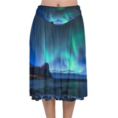 Green Aurora Lights-over Rocky Shore During Night Time Velvet Flared Midi Skirt by danenraven