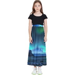 Green Aurora Lights-over Rocky Shore During Night Time Kids  Flared Maxi Skirt by danenraven