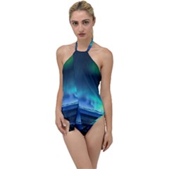 Green Aurora Lights-over Rocky Shore During Night Time Go With The Flow One Piece Swimsuit by danenraven