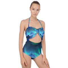 Green Aurora Lights-over Rocky Shore During Night Time Scallop Top Cut Out Swimsuit by danenraven