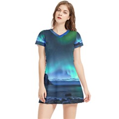 Green Aurora Lights-over Rocky Shore During Night Time Women s Sports Skirt by danenraven