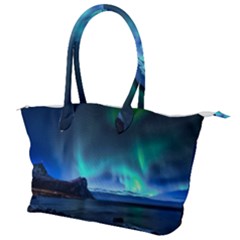 Green Aurora Lights-over Rocky Shore During Night Time Canvas Shoulder Bag by danenraven