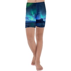 Green Aurora Lights-over Rocky Shore During Night Time Kids  Lightweight Velour Capri Yoga Leggings by danenraven