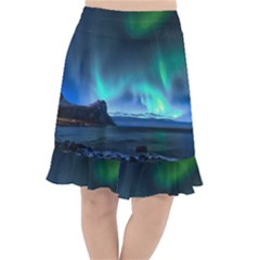 Green Aurora Lights-over Rocky Shore During Night Time Fishtail Chiffon Skirt by danenraven