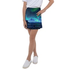 Green Aurora Lights-over Rocky Shore During Night Time Kids  Tennis Skirt by danenraven