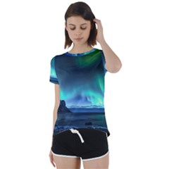 Green Aurora Lights-over Rocky Shore During Night Time Short Sleeve Open Back Tee by danenraven