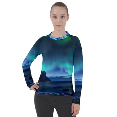 Green Aurora Lights-over Rocky Shore During Night Time Women s Pique Long Sleeve Tee by danenraven