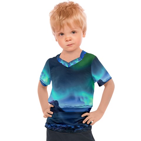 Green Aurora Lights-over Rocky Shore During Night Time Kids  Sports Tee by danenraven