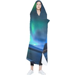 Green Aurora Lights-over Rocky Shore During Night Time Wearable Blanket by danenraven