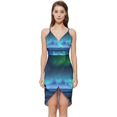 Green Aurora Lights-over Rocky Shore During Night Time Wrap Frill Dress by danenraven