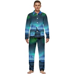 Green Aurora Lights-over Rocky Shore During Night Time Men s Long Sleeve Velvet Pocket Pajamas Set by danenraven