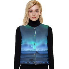 Green Aurora Lights-over Rocky Shore During Night Time Women s Short Button Up Puffer Vest by danenraven