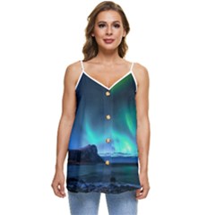 Green Aurora Lights-over Rocky Shore During Night Time Casual Spaghetti Strap Chiffon Top by danenraven