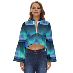 Green Aurora Lights-over Rocky Shore During Night Time Boho Long Bell Sleeve Top by danenraven