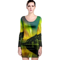 Scenic View Of Aurora Borealis Stretching Over A Lake At Night Long Sleeve Bodycon Dress by danenraven