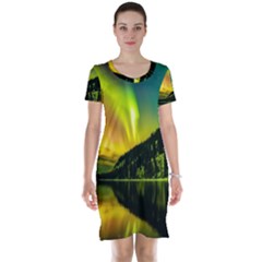 Scenic View Of Aurora Borealis Stretching Over A Lake At Night Short Sleeve Nightdress by danenraven