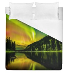 Scenic View Of Aurora Borealis Stretching Over A Lake At Night Duvet Cover (queen Size) by danenraven