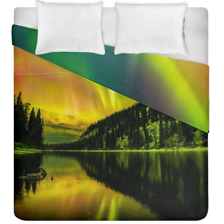 Scenic View Of Aurora Borealis Stretching Over A Lake At Night Duvet Cover Double Side (King Size)