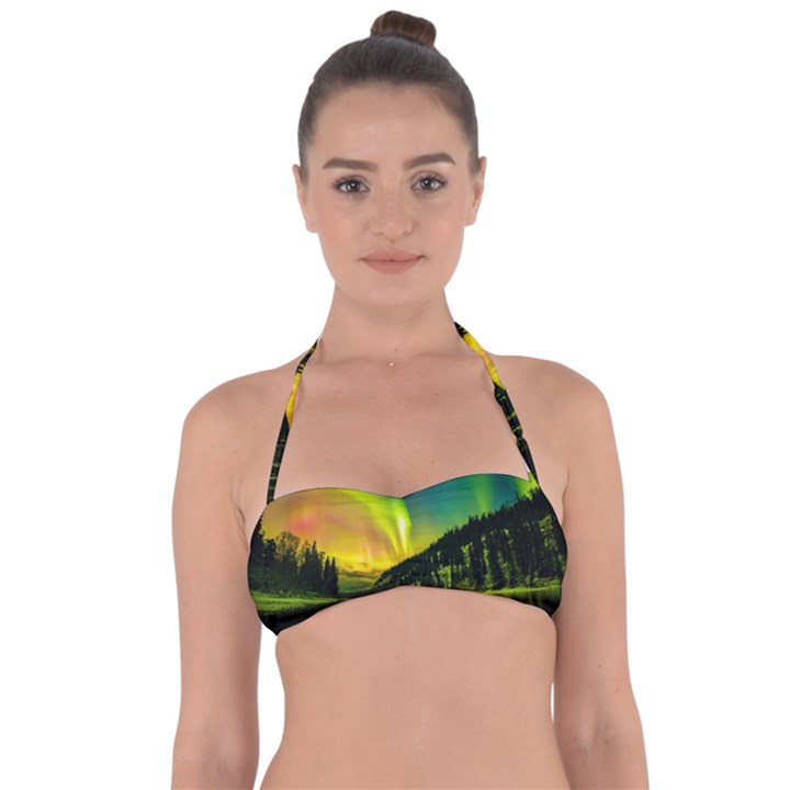 Scenic View Of Aurora Borealis Stretching Over A Lake At Night Halter Bandeau Bikini Top