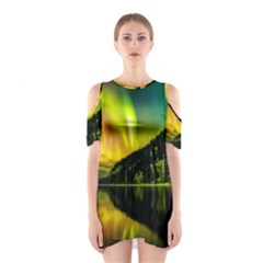 Scenic View Of Aurora Borealis Stretching Over A Lake At Night Shoulder Cutout One Piece Dress by danenraven