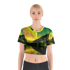 Scenic View Of Aurora Borealis Stretching Over A Lake At Night Cotton Crop Top by danenraven