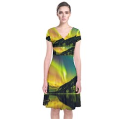 Scenic View Of Aurora Borealis Stretching Over A Lake At Night Short Sleeve Front Wrap Dress by danenraven