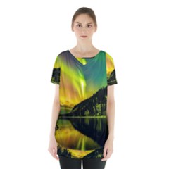 Scenic View Of Aurora Borealis Stretching Over A Lake At Night Skirt Hem Sports Top by danenraven